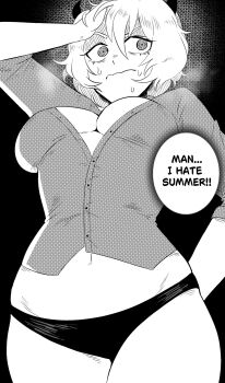 Rule 34 | 1girl, arm behind back, breasts, cleavage, demon girl, demon horns, greyscale, hand on own head, helltaker, highres, horns, malina (helltaker), monochrome, navel, no pants, osulan, panties, partially unbuttoned, shirt, short hair, solo, speech bubble, sweatdrop, underwear, wavy mouth