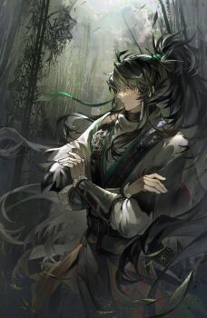1boy arm_armor bamboo bamboo_forest black_hair black_pants blind cloak closed_mouth commentary_request crossed_arms forest from_side fsuusux grey_eyes highres long_hair looking_ahead male_focus nature outdoors pants ponytail qiuyuan_(wuthering_waves) scar scar_on_face solo white_cloak wuthering_waves