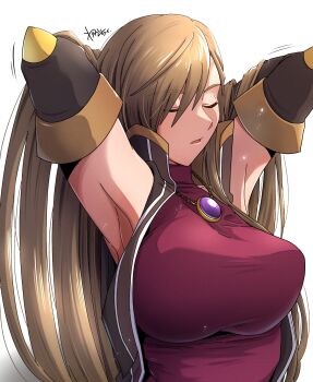1girl armpits breasts brown_hair closed_eyes detached_sleeves gem highres jewelry large_breasts long_hair necklace open_mouth parted_bangs pendant purple_gem purple_shirt shirt signature simple_background solo tales_of_(series) tales_of_the_abyss tear_grants turtleneck turtleneck_shirt tying_hair upper_body wakachi white_background