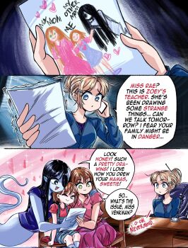 Rule 34 | 4girls, black hair, blonde hair, blue eyes, brown hair, cellphone, chair, child's drawing, colored skin, corrupted twitter file, english text, ghost, ghost tail, green eyes, grs-, highres, holding, holding phone, mother and daughter, multiple girls, on chair, original, paper, phone, pointy ears, purple skin, speech bubble, table, wife and wife, yuri