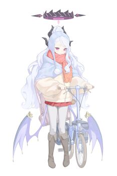 1girl absurdres alternate_costume backpack bag beanie bicycle blue_archive blush boots braided_scarf brown_boots capelet demon_girl demon_horns demon_wings earflap_beanie fluffy_hair fur_capelet halo hat highres hina_(blue_archive) horns jacket knee_boots long_hair looking_at_viewer multiple_horns pantyhose pink_bag pleated_skirt purple_eyes pushing_bicycle red_scarf red_skirt scarf simple_background skirt solo standing swept_bangs wavy_hair white_background white_hair white_pantyhose wings yellow_jacket yona_(yoroyoro)