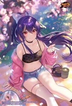 Rule 34 | 1girl, absurdres, ahoge, armpit crease, bare shoulders, belt, black choker, black shirt, blue nails, blue shorts, blurry, bow, breasts, bshi edayo, charm (object), cherry blossoms, choker, cleavage, closed mouth, collarbone, company name, copyright logo, copyright name, copyright notice, crop top, cup, cutoffs, denim, denim shorts, depth of field, floating hair, hair bow, hair ornament, hairclip, hand up, heart, heart choker, heart o-ring, highres, jacket, logo, long hair, long sleeves, looking at viewer, mahjong, mahjong soul, mahjong tile, medium breasts, midriff, multicolored hair, nail polish, navel, o-ring, off shoulder, official art, open clothes, open jacket, petals, pink jacket, ponytail, purple hair, ransei (mahjong soul), red eyes, shirt, short shorts, shorts, sidelocks, single thighhigh, sitting, skindentation, sleeveless, sleeveless shirt, smile, solo, spaghetti strap, star (symbol), star hair ornament, star print, stomach, streaked hair, thigh strap, thighhighs, thighs, very long hair, white thighhighs