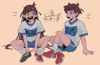 1boy 1girl alternate_costume animification braces brother_and_sister brown_hair dipper_pines fangs gravity_falls mabel_pines open_mouth shirt shoes short_hair shorts siblings sitting smile sneakers socks t-shirt teeth twins white_socks woo-saguchi-2013