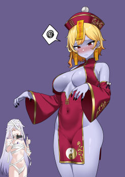 2girls absurdres alternate_costume bare_shoulders blonde_hair blue_skin blush breasts chest_jewel chinese_clothes cleavage_cutout clothing_cutout colored_skin covered_navel dress earrings gem grey_hair groin halloween halloween_costume hat_ornament highres hololive hololive_english hololive_indonesia jewel_under_eye jewelry jiangshi jiangshi_costume kaela_kovalskia koseki_bijou large_breasts long_hair multiple_girls mummy_costume navel ofuda open_mouth outstretched_arms purple_gemstone raikkonen recording red_eyes simple_background talisman virtual_youtuber zombie_pose