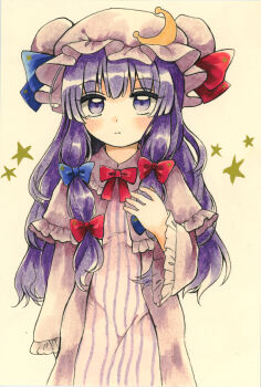 Rule 34 | 1girl, absurdres, bad id, bad pixiv id, bow, bowtie, capelet, commentary request, crescent, crescent hat ornament, dress, frilled sleeves, frills, hat, hat ornament, highres, long hair, long sleeves, maa (forsythia1729), patchouli knowledge, purple capelet, purple dress, purple eyes, purple hair, purple hat, red bow, red bowtie, solo, striped clothes, striped dress, touhou, traditional media, vertical-striped clothes, vertical-striped dress, very long hair, wide sleeves