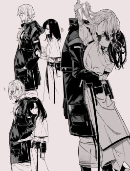 1boy 1girl arknights arm_around_back capelet coat commentary_request doctor_(arknights) greyscale hand_in_pocket highres hood hood_down hooded_coat hug hug_from_behind kyouno_(echo_field) long_hair long_sleeves looking_at_another male_doctor_(arknights) medium_hair monochrome multiple_views playing_with_another's_hair priestess_(arknights)
