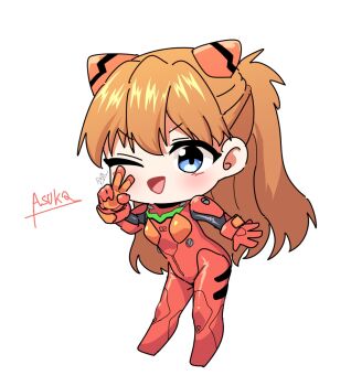 1girl blue_eyes character_name chibi chibi_only commentary_request full_body highres long_hair neon_genesis_evangelion one_eye_closed open_mouth orange_hair rak_rak_yee smile solo souryuu_asuka_langley v white_background