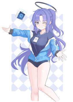 1girl absurdres blue_archive blue_buruma buruma commentary_request drone halcyon_(cwxcwx) halo highres id_card jacket jacket_partially_removed lanyard long_hair mechanical_halo millennium_science_school_logo official_alternate_costume one_eye_closed partially_unzipped purple_eyes purple_hair simple_background solo star_(symbol) star_sticker sticker sticker_on_face thighs track_jacket yuuka_(blue_archive) yuuka_(track)_(blue_archive)