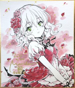 Rule 34 | 1girl, dress, flower, green eyes, hair flower, hair ornament, highres, idolmaster, idolmaster cinderella girls, looking at viewer, marine (confeitokobo), parted lips, petals, photo (medium), rose, sakurai momoka, shikishi, solo, traditional media