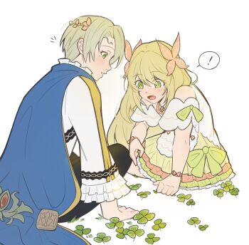 Rule 34 | !, 1boy, 1girl, :d, alfred (fire emblem), blonde hair, blue cape, brother and sister, butterfly hair ornament, cape, celine (fire emblem), clover, commentary request, dress, fire emblem, fire emblem engage, four-leaf clover, fumiko (290976767), green eyes, hair between eyes, hair ornament, highres, long hair, long sleeves, nintendo, open mouth, short hair, short sleeves, siblings, smile, spoken exclamation mark, very long hair, white background