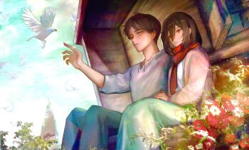 1boy 1girl bird black_hair blue_sky brown_eyes brown_hair cabin cardigan closed_mouth cloud cloudy_sky eren_yeager feet_out_of_frame flower green_eyes hair_between_eyes hashtag-only_commentary highres long_skirt matcha_202 medium_hair mikasa_ackerman open_cardigan open_clothes open_hand outdoors outstretched_arm pants pink_cardigan red_flower red_scarf scarf shingeki_no_kyojin shirt short_hair sitting skirt sky white_bird white_flower white_shirt