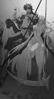 2boys abs armlet bare_shoulders barefoot blurry blurry_background demon_wings detached_collar detached_sleeves flats glowing glowing_eyes hand_up head_wings holding holding_scythe invisible_chair jewelry judal knee_up long_hair looking_at_viewer magi_the_labyrinth_of_magic male_focus multiple_boys navel off_shoulder pants profile ren_hakuryuu sarong sativa197 scythe sitting third_eye very_long_hair wings