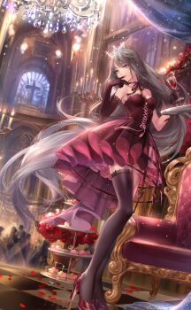 Rule 34 | 1girl, alcohol, artist request, asymmetrical gloves, asymmetrical legwear, black gloves, black ribbon, blue eyes, breasts, cake, chandelier, church, cleavage, cross-laced clothes, cross-laced dress, crown, cup, curtains, day, dress, drink, drinking glass, elbow gloves, eyelashes, finger to mouth, flower, food, full body, game cg, gloves, grey hair, grey socks, grey thighhighs, high heels, highres, holding, holding cup, holding drink, holding tray, indoors, kneehighs, lace, lace-trimmed dress, lace-trimmed thighhighs, lace trim, light particles, lilith (shining nikki), lipstick, long hair, looking to the side, macaron, makeup, medium breasts, medium dress, neck ribbon, nikki (series), official art, parted lips, people, petals, pink ribbon, red dress, red flower, red lips, red rose, red shoes, ribbon, rose, rose petals, shining nikki, shoes, single elbow glove, single kneehigh, single sock, single thighhigh, smile, socks, solo focus, standing, strapless, strapless dress, teeth, thighhighs, throne, tile floor, tiles, tray, very long hair, waist ribbon, white crown, window, wine, wine glass