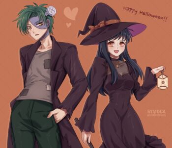 1boy 1girl :d astrid_(fire_emblem) black_dress black_hair blue_skin breasts brown_eyes colored_skin commission commissioner_upload cosplay covered_navel dress fire_emblem fire_emblem:_radiant_dawn frankenstein&#039;s_monster frankenstein&#039;s_monster_(cosplay) green_hair hand_in_pocket happy_halloween hat holding holding_lantern lantern long_hair looking_at_viewer medium_breasts nintendo non-web_source open_mouth patchwork_clothes smile sothe_(fire_emblem) stitched_face stitches symoca vgen_commission witch witch_hat yellow_eyes