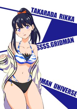 1girl bikini black_hair blue_eyes blush breasts commentary_request gridman_universe highres jacket layered_bikini long_hair long_sleeves looking_at_viewer ponytail road-579 school_uniform solo ssss.gridman swimsuit takarada_rikka thighs