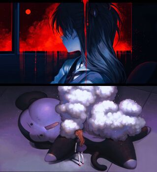 absurdres blood highres huli_xiaobai looking_afar monkey moon neon_genesis_evangelion red_moon red_sky school_uniform sitting sky souryuu_asuka_langley stuffed_animal stuffed_toy tokyo-3_middle_school_uniform