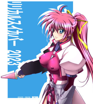 Rule 34 | absurdres, ahoge, arm guards, artist name, black gloves, blue background, blue eyes, bodysuit, braid, closed mouth, commentary request, covered erect nipples, crown braid, dated, fingerless gloves, floating hair, food, gloves, hair between eyes, hair ribbon, hatara, high collar, high ponytail, highres, holding, holding food, holding popsicle, looking at viewer, lyrical nanoha, magical girl, pink bodysuit, pink hair, ponytail, popsicle, ribbon, signum, simple background, smile, two-tone background, upper body, white background, yellow ribbon