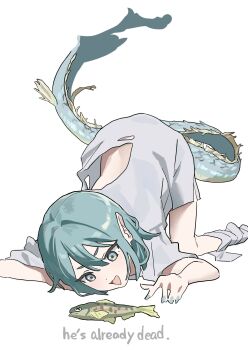 1girl animal azalaxy blue_eyes blue_hair commentary_request dead_animal dragon_girl dragon_tail english_text fish full_body highres original pointy_ears short_hair simple_background solo tail top-down_bottom-up white_background