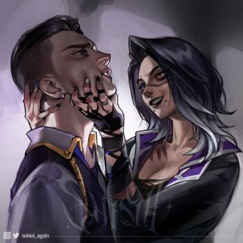 1boy 1girl artist_name asymmetrical_bangs bandages black_jacket black_lips blurry blurry_background breasts brown_eyeshadow character_request cleavage clip_studio_paint_(medium) collarbone commentary earrings english_commentary english_text face_piercing facing_another fade_(valorant) grabbing_another's_chin grabbing_another's_head hand_on_another's_chin heterochromia highres instagram_logo jacket jewelry long_hair looking_at_another multicolored_hair nose_piercing nose_ring piercing ring_piercing scar scar_on_face scar_on_nose short_hair signature simple_background single_earring skindentation streaked_hair suisui_again twitter_logo twitter_username two-tone_hair upper_body valorant