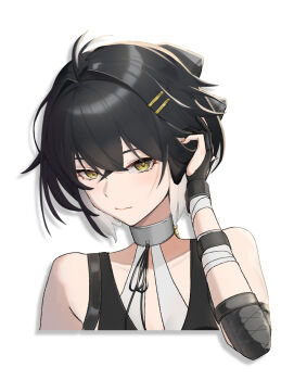 1girl antenna_hair bare_shoulders closed_mouth commentary cropped_torso elbow_pads female_rover_(wuthering_waves) hair_between_eyes hair_intakes hair_ornament hairclip highres looking_at_viewer nayami parallel_hairclips rover_(wuthering_waves) simple_background solo white_background wuthering_waves yellow_eyes