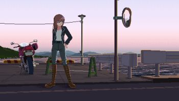 1girl animated animated_gif arm_at_side belt black_jacket boots brown_boots brown_hair dithering evening falling_leaves gradient_sky hand_on_own_hip jacket kuuchuu_roukaku lace-up_boots lake lamppost lapels leaf long_hair looping_animation motor_vehicle motorcycle original pants pixel_art power_lines sky solo standing traffic_barrier traffic_mirror wind
