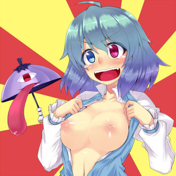 Rule 34 | >:), >:d, 1girl, :d, ahoge, blue hair, blush, breasts, breasts out, collarbone, commentary request, embarrassed, female focus, flashing, full-face blush, heterochromia, juliet sleeves, karakasa obake, long sleeves, looking at viewer, macedonian flag, medium breasts, navel, nipples, no bra, one-eyed, open clothes, open mouth, open shirt, puffy nipples, puffy sleeves, revision, ringed eyes, saemon (tonpura), shiny skin, shirt, short hair, smile, solo, sunburst, tareme, tatara kogasa, teardrop, tears, tongue, tongue out, touhou, umbrella, upper body, v-shaped eyebrows, wavy mouth