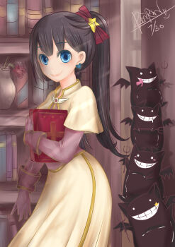 1girl absurdres acolyte_(ragnarok_online) blue_eyes book bookshelf bow brown_shirt capelet closed_mouth commentary_request cowboy_shot creature demon deviruchi earrings hair_bow hair_ornament heart heart_earrings highres holding holding_book indoors jewelry long_hair long_sleeves looking_at_viewer ragnarok_online red_bow rinrin_taiwan shirt skirt smile solo star_(symbol) star_hair_ornament white_capelet white_skirt