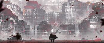 1girl absurdres asteroid_ill bird black_pants black_poncho building commentary_request crane_(machine) falling_leaves from_behind grass health_bar highres iz_(asteroid_ill) leaf long_hair maple_leaf minimap nature original pants partially_submerged ruins scenery solo standing translation_request tree user_interface water white_hair wide_shot