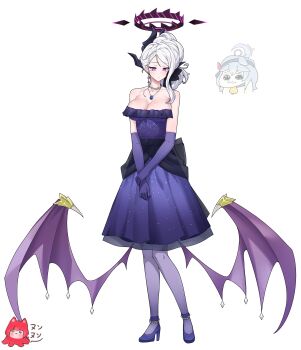 1other 2girls absurdres aged_up alternate_breast_size_(larger) artist_self-insert bare_shoulders blue_archive blue_hair bow breasts chibi chibi_inset cleavage collarbone commentary commission demon_girl demon_horns demon_wings dress elbow_gloves english_commentary evening_gown forehead full_body gloves hair_between_eyes hair_bow hair_ribbon hairband halo high_heels highres hina_(blue_archive) hina_(dress)_(blue_archive) holding_own_arm horns jewelry large_breasts long_hair looking_at_viewer multiple_girls necklace noonnoon531 octopus official_alternate_costume official_alternate_hairstyle original own_hands_together pantyhose parted_bangs pearl_necklace pendant ponytail purple_dress purple_eyes purple_footwear purple_gloves purple_pantyhose ribbon sidelocks simple_background solo_focus standing starry_sky_print strapless strapless_dress v_arms wavy_hair white_background white_hair wings