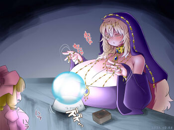 Rule 34 | 2girls, alternate breast size (larger), alternate costume, blue gemstone, blush, bow, bowl, breasts, card, cleavage, closed eyes, commentary request, crystal ball, dated, dress, flower, flower over eye, fortune teller, gem, hair bow, highres, hinaichigo, huge breasts, itini-sanshi, jewelry, kirakishou, multiple girls, multiple necklaces, multiple rings, off-shoulder dress, off shoulder, open mouth, pet bowl, pink bow, purple coif, purple dress, ring, rose, rozen maiden, upper body, yellow flower, yellow rose, yu-gi-oh!