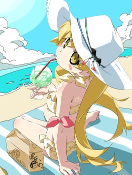 1girl \n/ arm_at_side arm_ribbon arm_support back_bow bat_hat_ornament beach beach_towel bikini blonde_hair blush_stickers bow breasts cocktail cocktail_glass commentary_request cup drinking_glass drinking_straw drinking_straw_in_mouth frilled_bikini frills full_body hand_up hat highres holding knee_blush long_hair looking_to_the_side marine_day monogatari_(series) ocean oshino_shinobu oshinobi_shinobu outdoors pastry_box polka_dot polka_dot_bikini red_ribbon ribbon ringed_eyes shadow shoulder_blush sidelocks signature sitting small_breasts solo sun_hat swimsuit towel twintails very_long_hair water white_hat yellow_eyes yokozuwari