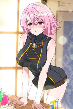 1girl absurdres armpit_crease ass black_dress blush breasts dress full-face_blush hair_between_eyes highres jewelry large_breasts leaning_on_table lens_flare looking_ahead nageki_no_bourei_wa_intaishitai necklace open_mouth pink_eyes pink_hair potion short_hair signature sitri_smart solo sparkle twobless vial