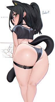 1girl absurdres animal_ears arknights ass black_choker black_hair black_panties black_shirt butt_crack cat_ears cat_girl cat_tail choker dagda_(arknights) ear_piercing extra_ears faucet feet from_behind highres kyojiri_loli loli long_hair looking_at_viewer looking_back naxius_noxy panties piercing shirt simple_background solo tail thigh_strap thighs underwear white_background yellow_eyes