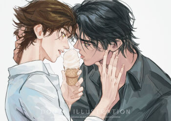 2boys arcane:_league_of_legends arcane_jayce black_hair black_shirt brown_hair chinese_commentary chinese_text commentary_request eating eye_contact food from_side hand_on_another&#039;s_head hand_on_another&#039;s_neck holding holding_ice_cream_cone ice_cream ice_cream_cone jayce_(league_of_legends) league_of_legends looking_at_another multiple_boys rennerdouz shared_food shirt short_hair simplified_chinese_text tongue tongue_out upper_body viktor_(arcane) viktor_(league_of_legends) white_background white_shirt yaoi yellow_eyes