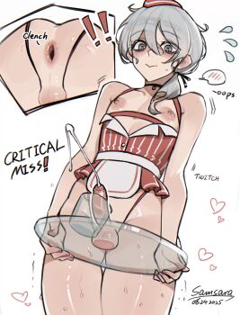 1boy anus apron artist_name cum cup ejaculation foreskin grey_eyes grey_hair hair_between_eyes hair_tie highres male_focus naked_apron nipples original penis samsara_(shuukeura) solo standing testicles trap tray trembling waiter white_background
