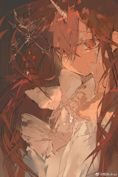 1girl bare_shoulders berry black_background bug chinese_commentary closed_mouth colored_eyelashes commentary_request creature creature_on_shoulder crossed_bangs frown hair_between_eyes hair_ornament highres horns insect lace lace-trimmed_shirt lace_trim long_hair looking_ahead moth off-shoulder_shirt off_shoulder on_shoulder original red_eyes red_hair scar scar_on_face shirt single_horn snowflake_necklace solo unicorn_horn upper_body very_long_hair vihua6 watermark weibo_watermark white_horns white_shirt