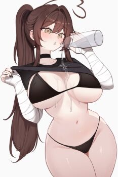 Rule 34 | 1girl, ahoge, bandaged arm, bandages, bikini, bikini under clothes, black bikini, black choker, black nails, black shirt, blush, bottle, breasts, brown eyes, brown hair, choker, clothes lift, commentary, curvy, fingernails, hair intakes, heart, heart ahoge, high ponytail, highres, holding, holding bottle, indie virtual youtuber, large breasts, long hair, nail polish, navel, no pants, parted lips, ponytail, pouring, pouring onto self, shirt, shirt lift, short sleeves, sidelocks, simple background, skindentation, sky above me, sky above me (vtuber), solo, stomach, swimsuit, t-shirt, thick thighs, thighs, virtual youtuber, water, water drop, wet, white background