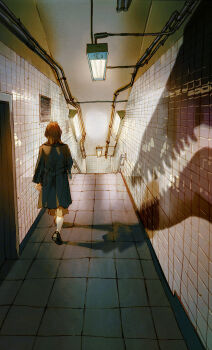 1girl black_coat black_shoes brown_hair ceiling_light coat commentary different_shadow door english_commentary facing_away from_behind full_body highres indoors industrial_pipe long_sleeves original qiyue_zhang shadow shoes short_hair solo standing subway tile_floor tile_wall tiles walking