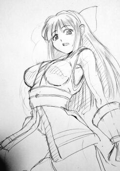 Rule 34 | 1girl, ainu clothes, armpit peek, artist request, breasts, fingerless gloves, gloves, hair ribbon, highres, large breasts, legs, long hair, monochrome, nakoruru, open mouth, pants, ribbon, samurai spirits, sketch, snk, solo, source request, teeth, the king of fighters, thighs, tongue, traditional media, weapon