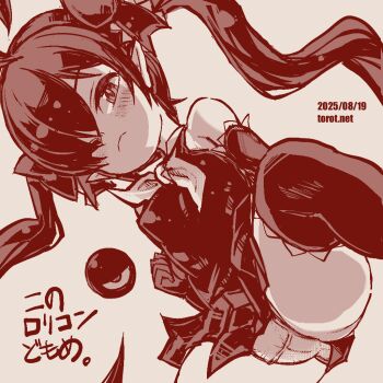 1girl ahoge backbeako_(torotei) backbeard blush breasts cameltoe closed_mouth commentary dated dated_commentary dress dutch_angle elbow_gloves gegege_no_kitarou gloves hair_over_one_eye hair_ribbon kono_lolicon_domome light_frown long_hair looking_at_viewer medium_breasts monochrome neckerchief one_eye_closed original paid_reward_available panties pantyshot pointy_ears red_theme ribbon simple_background sleeveless sleeveless_dress solo spread_legs thighhighs torotei translated twintails underwear watermark web_address white_background