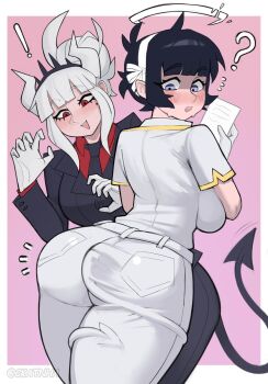 2girls angel ass azazel_(helltaker) black_hair black_jacket black_necktie blue_eyes blush breasts ckatnha crown demon demon_girl demon_horns demon_tail gloves hair_ribbon halo helltaker highres horns jacket looking_back lucifer_(helltaker) mole mole_under_eye multiple_girls necktie office_lady pants red_eyes red_shirt ribbon shirt tail tail_wrap white_gloves white_hair white_horns white_pants white_ribbon white_shirt