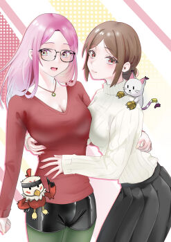 2girls absurdres belt cat digimon digimon_(creature) feathers glasses hawkmon highres hug inoue_miyako multiple_girls nail_polish pink_nails pixiv_user_(39806078) tailmon yagami_hikari yellow_nails