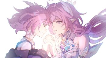 2girls absurdres bare_shoulders breasts commentary cyrene_(aedes_elysiae)_(honkai:_star_rail) cyrene_(honkai:_star_rail) cyrene_(ripples_of_past_reverie)_(honkai:_star_rail) diamond-shaped_pupils diamond_(shape) dress dual_persona highres honkai:_star_rail honkai_(series) interlocked_fingers jewelry long_hair medium_breasts multiple_girls necklace parted_lips pink_hair pointy_ears purple_eyes short_hair simple_background small_breasts symbol-only_commentary symbol-shaped_pupils very_long_hair white_background white_dress zassyoku_dd