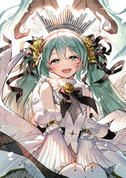 2girls :d \||/ aqua_hair artificial_flower bare_shoulders black_ribbon blush bow cherico collar commentary_request crown detached_sleeves dress flower frilled_collar frilled_sleeves frills glint gloves golden_rose green_eyes hair_between_eyes hair_flower hair_ornament hair_ribbon hatsune_miku highres long_hair long_sleeves looking_at_viewer miku_symphony_(vocaloid) multiple_girls neck_flower neck_ribbon open_mouth out_of_frame ribbon rose signature simple_background sitting sleeveless smile solo_focus teeth twintails upper_teeth_only very_long_hair vocaloid white_background white_dress white_gloves white_sleeves white_wings wings yellow_flower yellow_rose