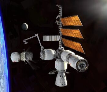 2others absurdres astronaut black_background claws earth_(planet) highres moon multiple_others original outdoors planet scenery shadow solar_panel space space_station sunlight whaleoil