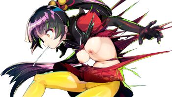 1girl alice_soft black_gloves black_hair black_sailor_collar blunt_bangs breasts breasts_out constricted_pupils dohna_dohna_issho_ni_warui_koto_o_shiyou dress dynamic_pose elbow_gloves flying_spittle game_cg gloves hair_ornament injury long_hair navel nipples no_bra official_art onono_imoko open_mouth pain pantyhose pleated_dress ponytail red_dress sailor_collar sailor_dress short_sleeves solo spitting torn_clothes torn_dress torn_pantyhose transparent_background tsuina_(dohna_dohna) variant_set wide-eyed yellow_leggings