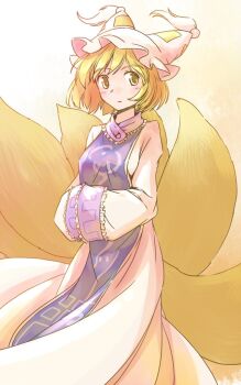 1girl blonde_hair blue_tabard blush commentary_request dress expressionless feet_out_of_frame fox_girl fox_tail hat hat_tassel long_sleeves mob_cap multiple_tails one-hour_drawing_challenge own_hands_together rangycrow short_hair sideways_glance solo tabard tail touhou white_dress white_hat yakumo_ran yellow_background yellow_eyes