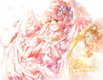 Rule 34 | a psalm of time (miracle nikki), absurdres, angel, angel wings, bird, blue bow, bow, brown eyes, chinese commentary, commentary request, dated, detached sleeves, dress, eyelashes, feather-trimmed dress, feathered wings, flower, grin, hair bow, hair flower, hair ornament, happy, high ponytail, highres, light blush, light particles, long hair, looking ahead, miracle nikki, muriel miaoke, nikki (nikki), nikki (series), painttool sai (medium), petals, pink dress, pink hair, pink sleeves, ponytail, puffy short sleeves, puffy sleeves, rose, short sleeves, signature, simple background, sleeveless, sleeveless dress, smile, swan, tareme, vertical-striped sleeves, very long hair, white background, white wings, wings, yellow flower, yellow rose