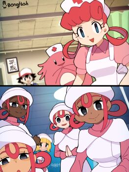 1boy absurdres ash_ketchum ashley_(pokemon) baseball_cap black_hair blonde_hair bongftah chansey crossdressing crossdressing_(mtf) dark-skinned_female dark_skin dress gen_1_pokemon grey_eyes hair_rings hat highres joy_(pokemon) joy_(pokemon_legends:_z-a) long_sleeves meme nine_years_in_a_coma_(meme) nintendo nurse nurse_cap open_mouth pink_hair pink_shirt pokemon pokemon_(anime) pokemon_(classic_anime) pokemon_(creature) pokemon_center pokemon_legends:_z-a shirt short_hair smile turtleneck very_dark_skin white_dress