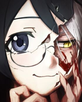 Rule 34 | 1girl, black hair, black hanekawa, blood, blood on face, blood on hands, broken mask, closed mouth, commentary, crack, cracked kawaii mask, eyelashes, fingernails, glasses, hanekawa tsubasa, highres, mask, monogatari (series), sharp fingernails, sideways glance, slit pupils, solo, sonnambulo777, symbol-only commentary, white hair, yellow eyes